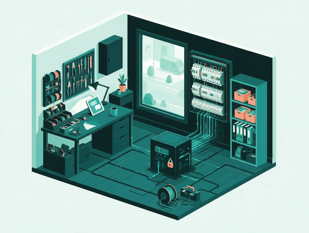 Illustration: aufgeräumte Werkstatt eines Elektrobetriebs, deren Verteiler mit einem gesicherten Server verbunden ist